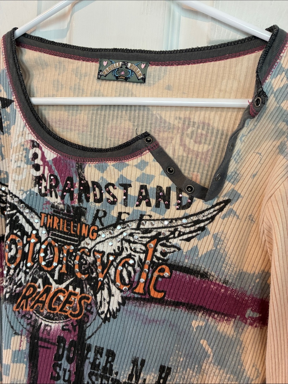 Vanilla Sugar Size Large  Cream Ribbed Motorcycle Graphic Top - Picture 7 of 13